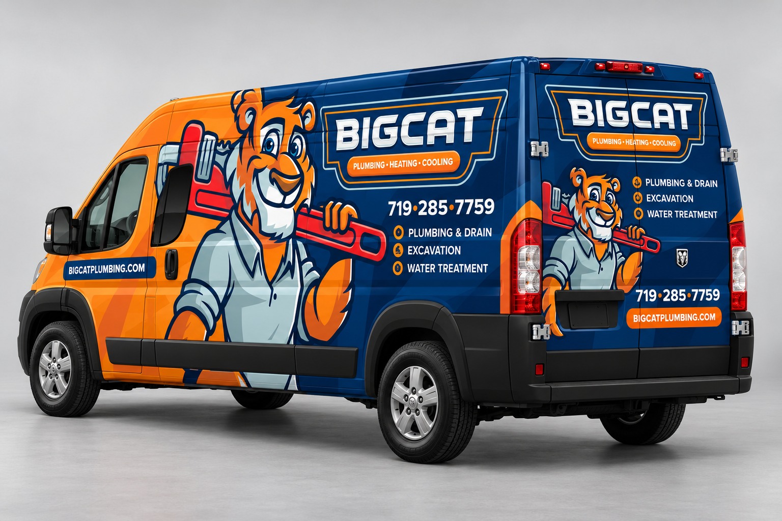 Big Cat Plumbing photorealistic rear three-quarter vehicle wrap mockup