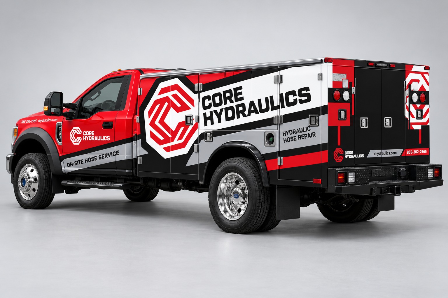 Core Hydraulics photorealistic rear three-quarter vehicle wrap mockup