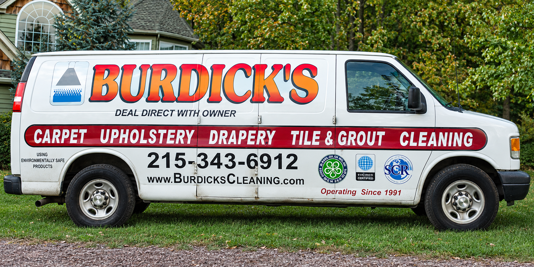 Before: AI-reconstructed side view of Burdick’s Cleaning original van branding, with people removed.