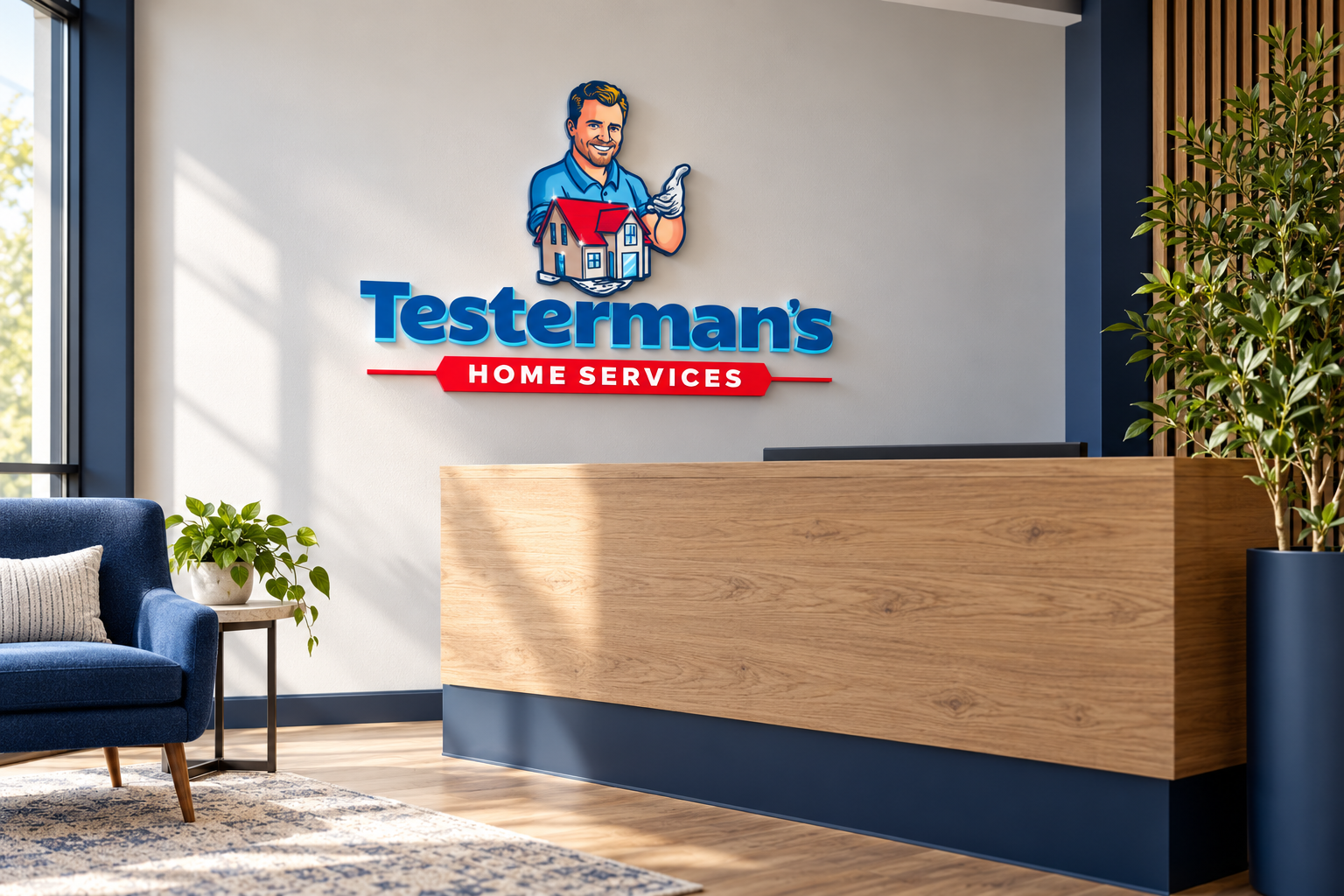 Testerman’s Home Services reception wall branding mockup.