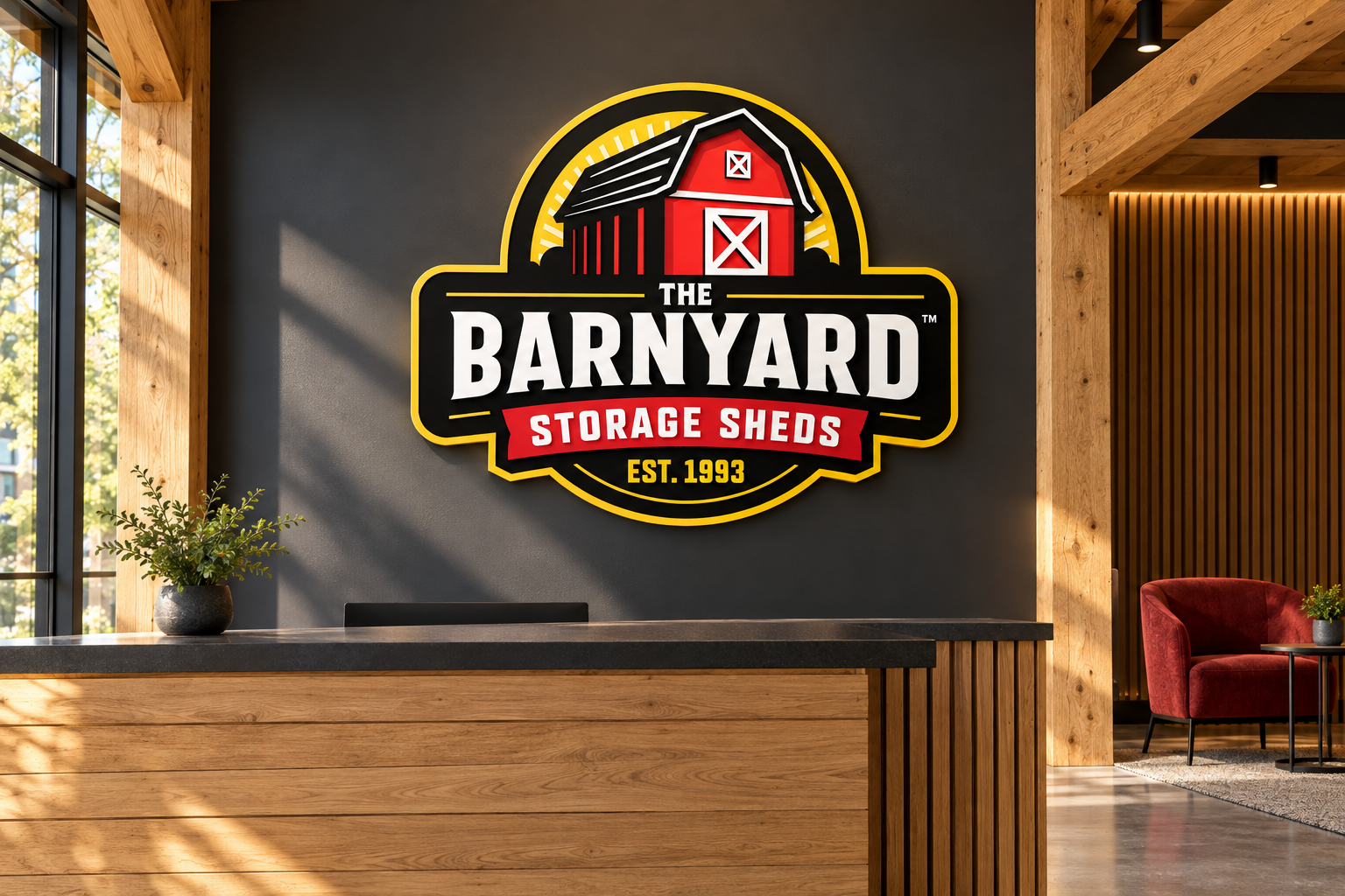 The Barnyard showroom wall-sign brand mockup.