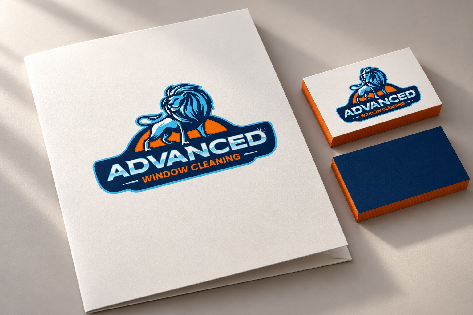 Advanced Window Cleaning (Tammy) conceptual presentation folder and cards mockup.