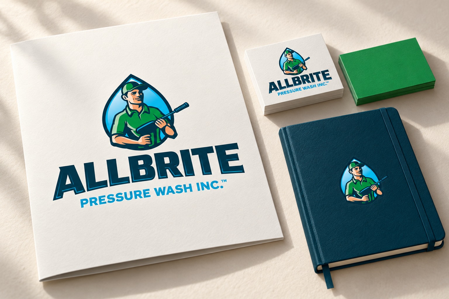 All Brite Wash conceptual presentation folder and cards mockup.
