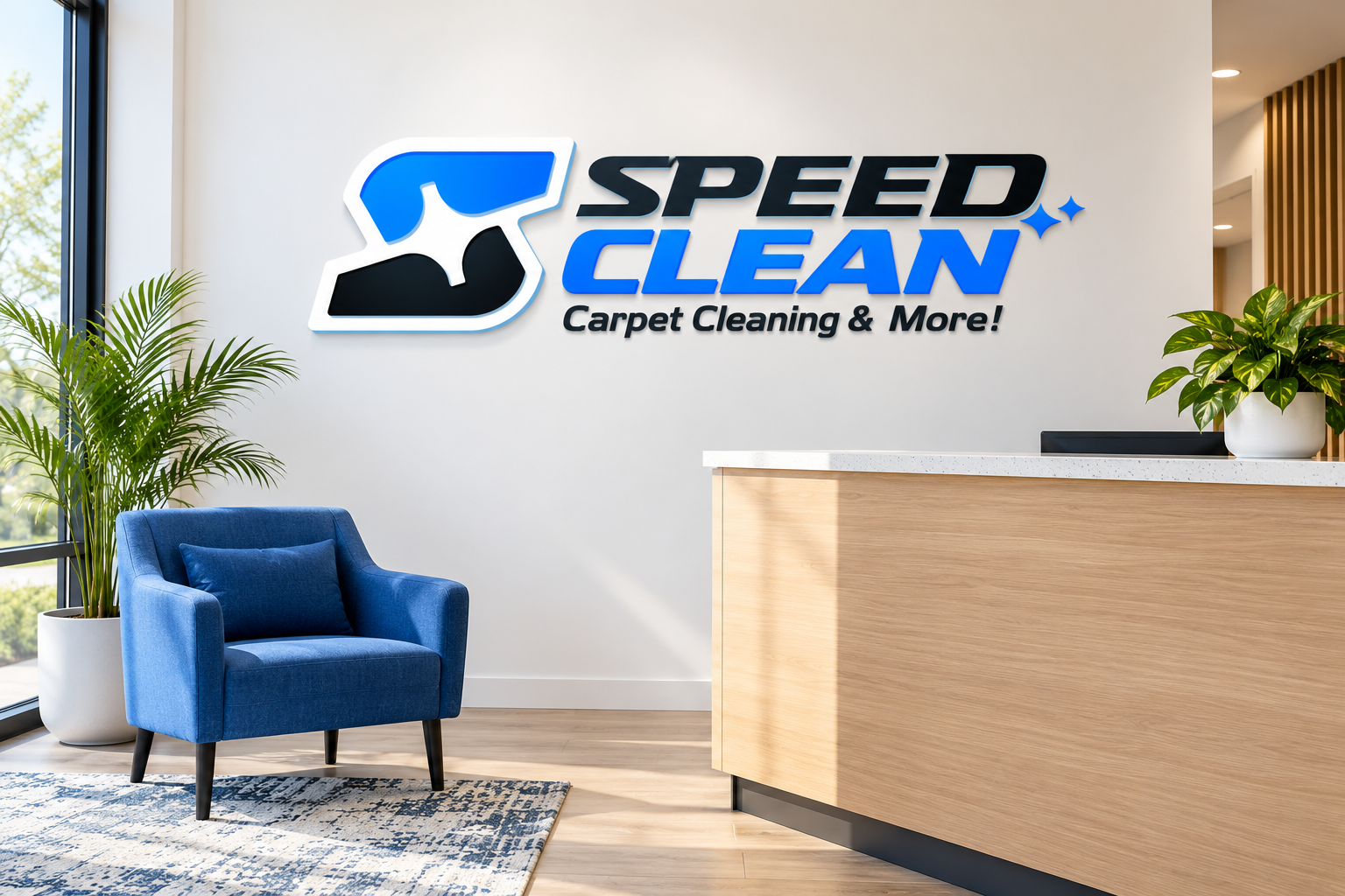 Speed Clean Services reception wall branding concept mockup.