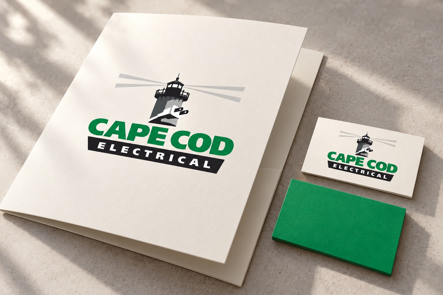 capecod electrical AI-generated brand stationery concept mockup.