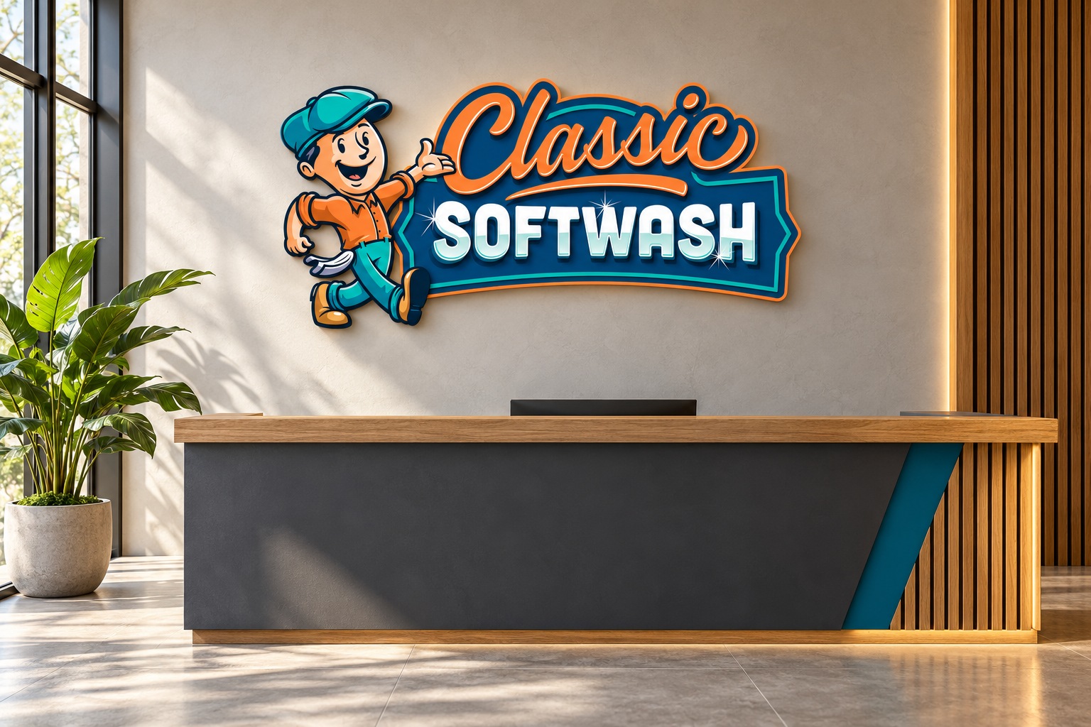 Classic Softwash AI-generated reception signage concept mockup.