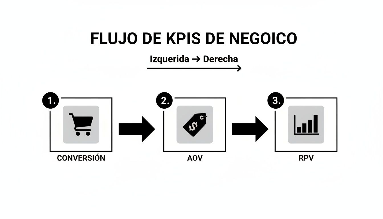 Diagrama de flujo de KPIs de negocio: Conversión, AOV y RPV en secuencia de izquierda a derecha.