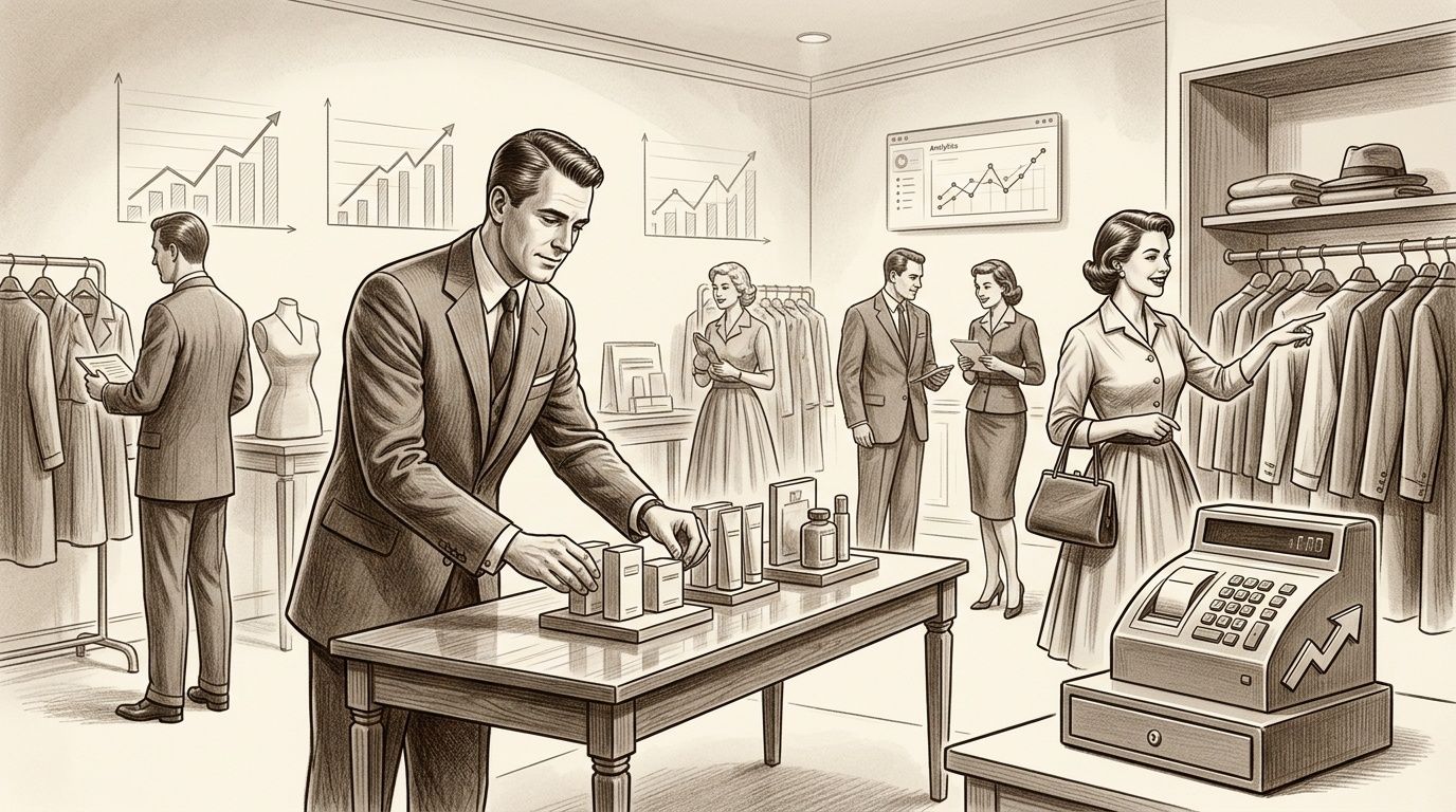Imagen de una tienda minorista con personal, productos en exhibición y gráficos de análisis de ventas.