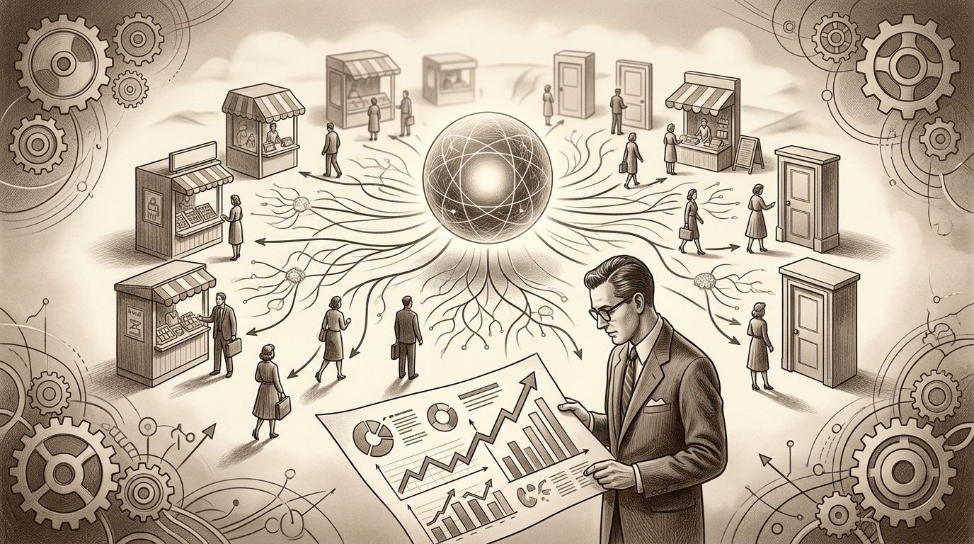 Un hombre de negocios analiza gráficos de crecimiento y datos en un complejo entorno de mercado y red global.