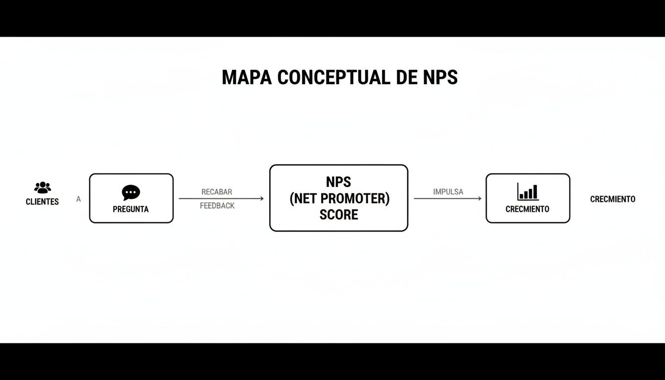 Diagrama conceptual de NPS que ilustra el proceso desde clientes, preguntas y feedback hasta el crecimiento.