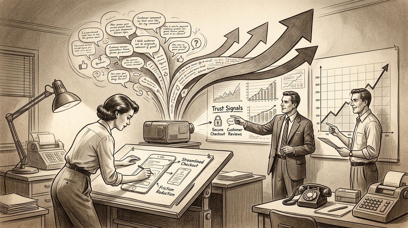 Personas en una oficina vintage diseñando mejoras en la experiencia del cliente y analizando el crecimiento.