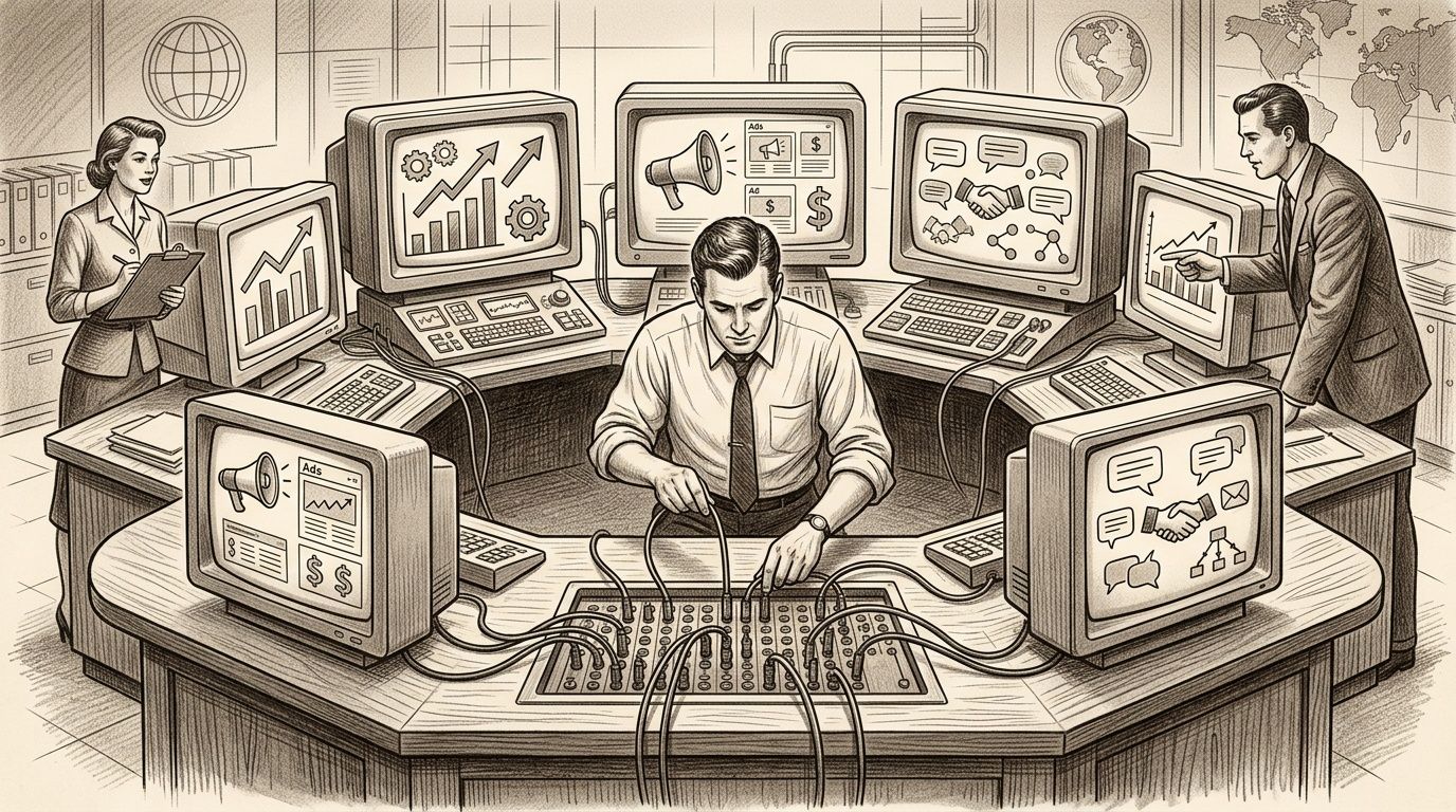 Hombre controla un centro de monitoreo con múltiples pantallas que muestran gráficos de marketing, anuncios y comunicación, asistido por colegas.