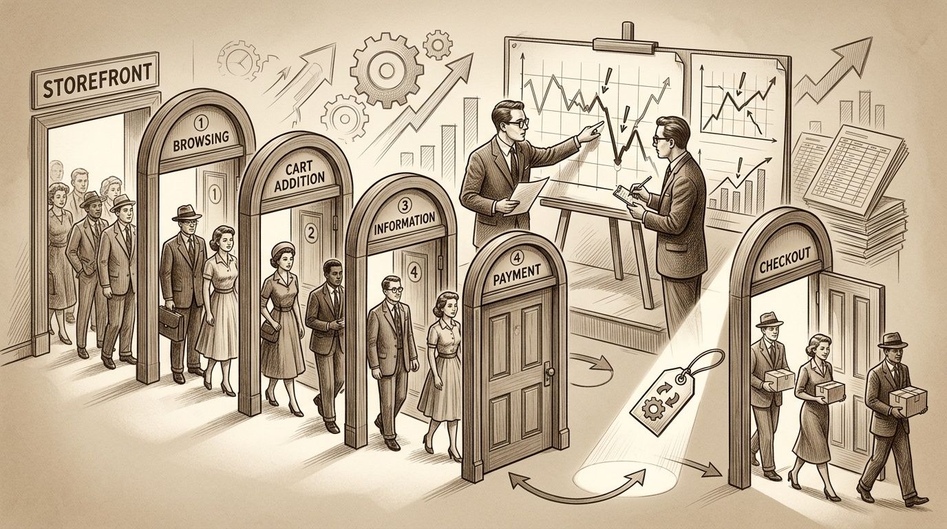 Proceso de compra en línea: clientes avanzan por etapas de storefront a checkout, mientras analistas optimizan el embudo de ventas.