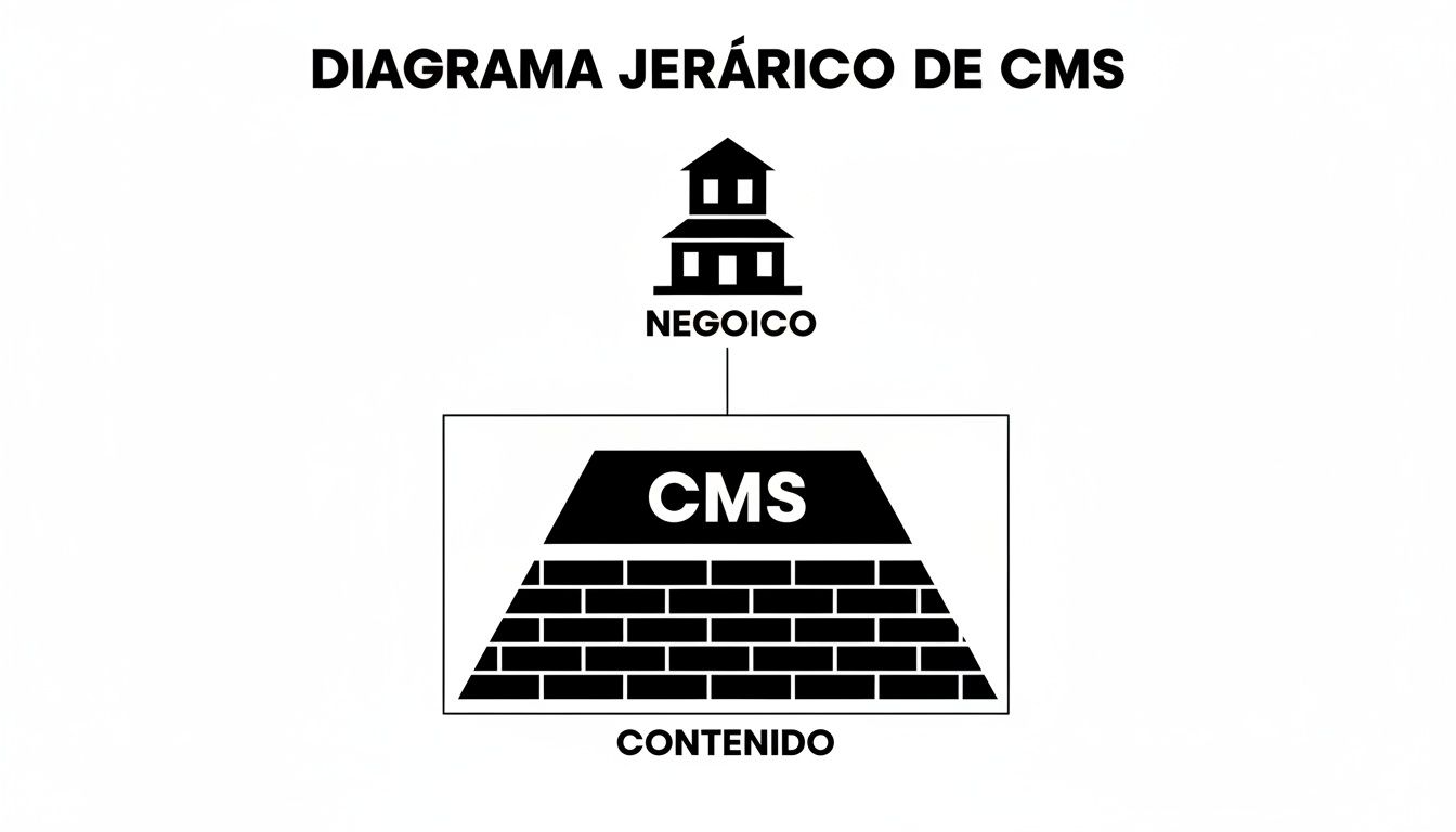 Diagrama jerárquico que ilustra la relación entre el negocio, un sistema de gestión de contenido (CMS) y el contenido.