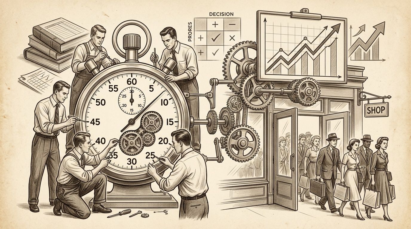 Hombres trabajando en un cronómetro gigante, engranajes, gráficos de crecimiento y clientes saliendo de una tienda.