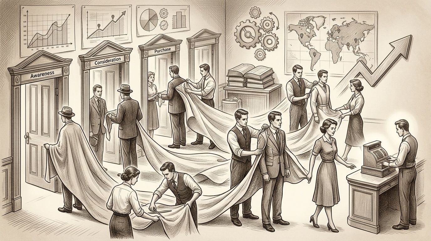 Representación ilustrada del embudo de ventas, mostrando personas moviéndose por etapas de conciencia, consideración y compra.