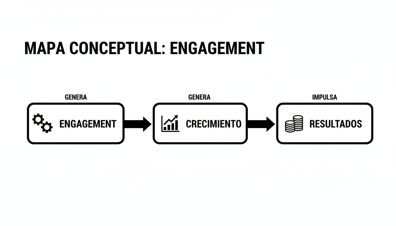 Mapa conceptual que muestra cómo el engagement genera crecimiento e impulsa resultados, con iconos representativos.