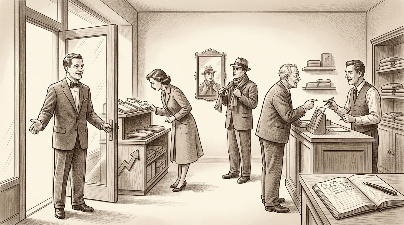 Tienda de ropa vintage con clientes y dependientes interactuando, mostrando el ambiente de un negocio.