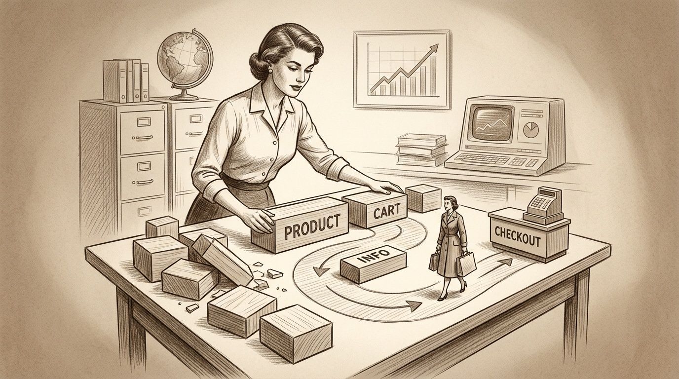 Mujer organizando bloques de un embudo de ventas digital: producto, carrito, información y pago, guiando a una cliente.