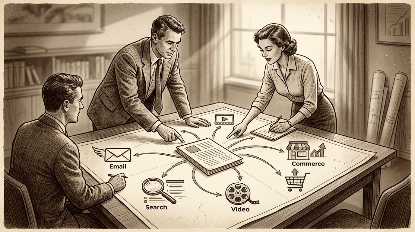 Tres personas discutiendo una estrategia de marketing digital con diagramas de email, búsqueda, video y comercio.