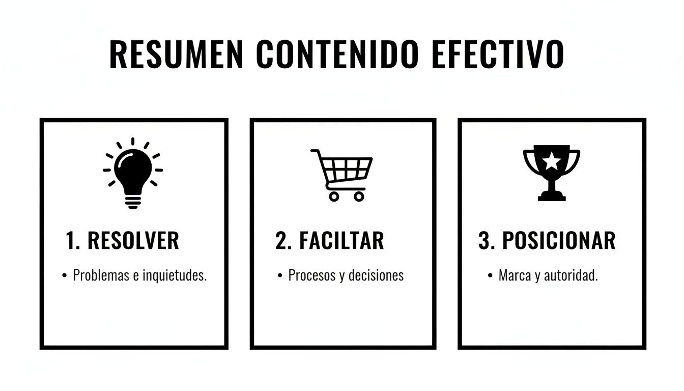 Infografía que resume tres pilares del contenido efectivo: resolver problemas, facilitar procesos y posicionar marca.