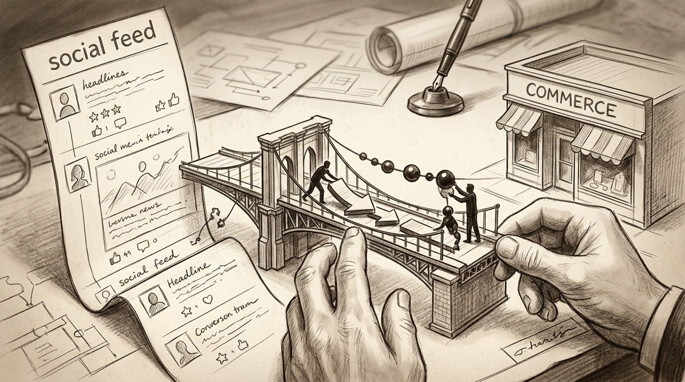 Dibujo conceptual de un feed de redes sociales conectado a una tienda de comercio mediante un puente en construcción, con personas trabajando.