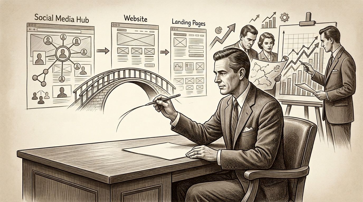 Vintage illustration of a professional building a digital marketing strategy, with social media, web, and landing pages, and a team analyzing data.