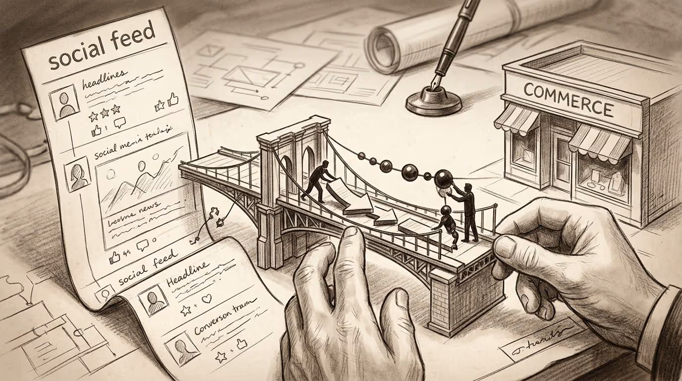 Dibujo conceptual de un feed de redes sociales conectado a una tienda de comercio mediante un puente en construcción, con personas trabajando.