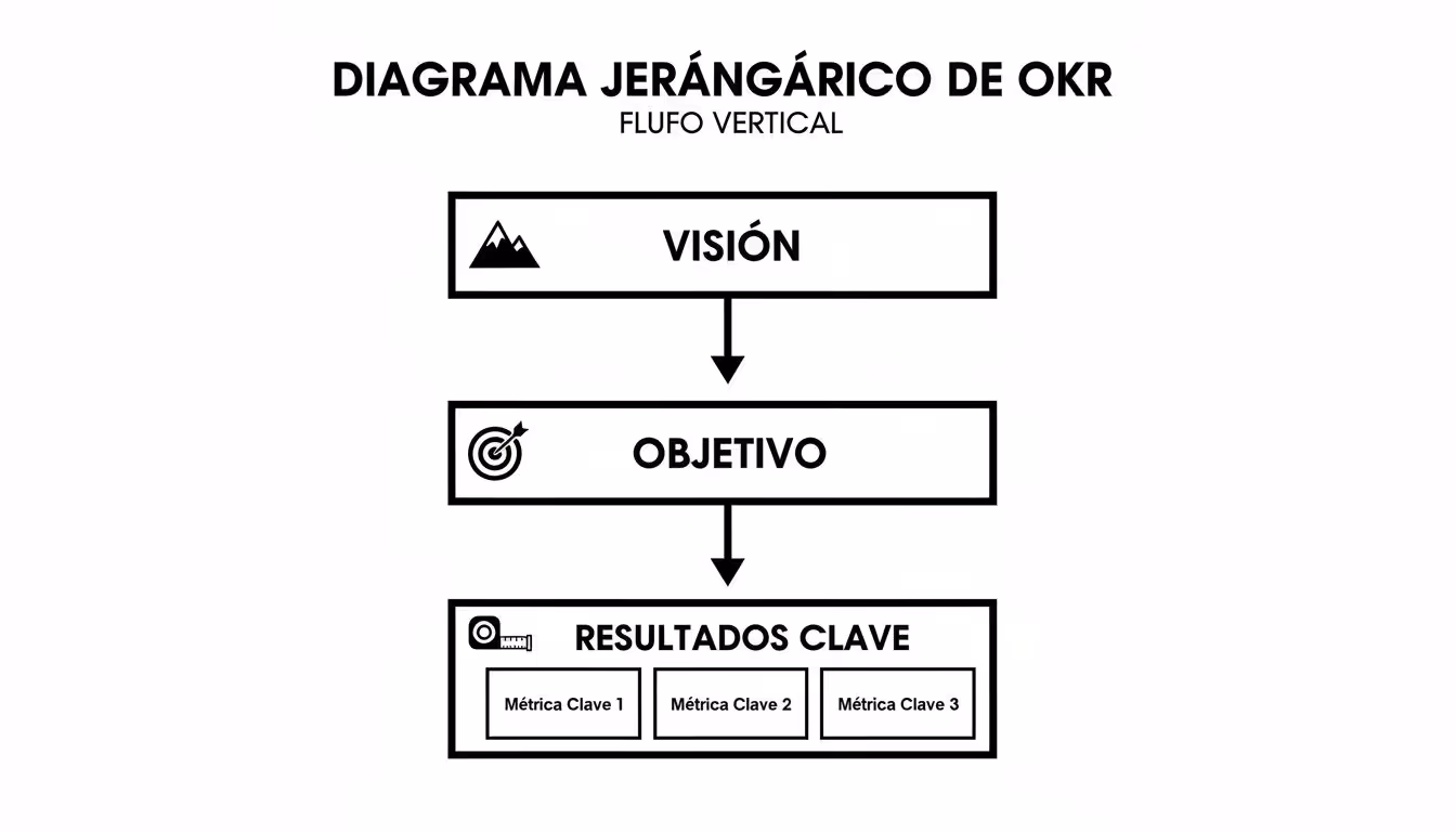 Diagrama jerárquico de OKR mostrando Visión, Objetivo y Métricas Clave en un flujo vertical.