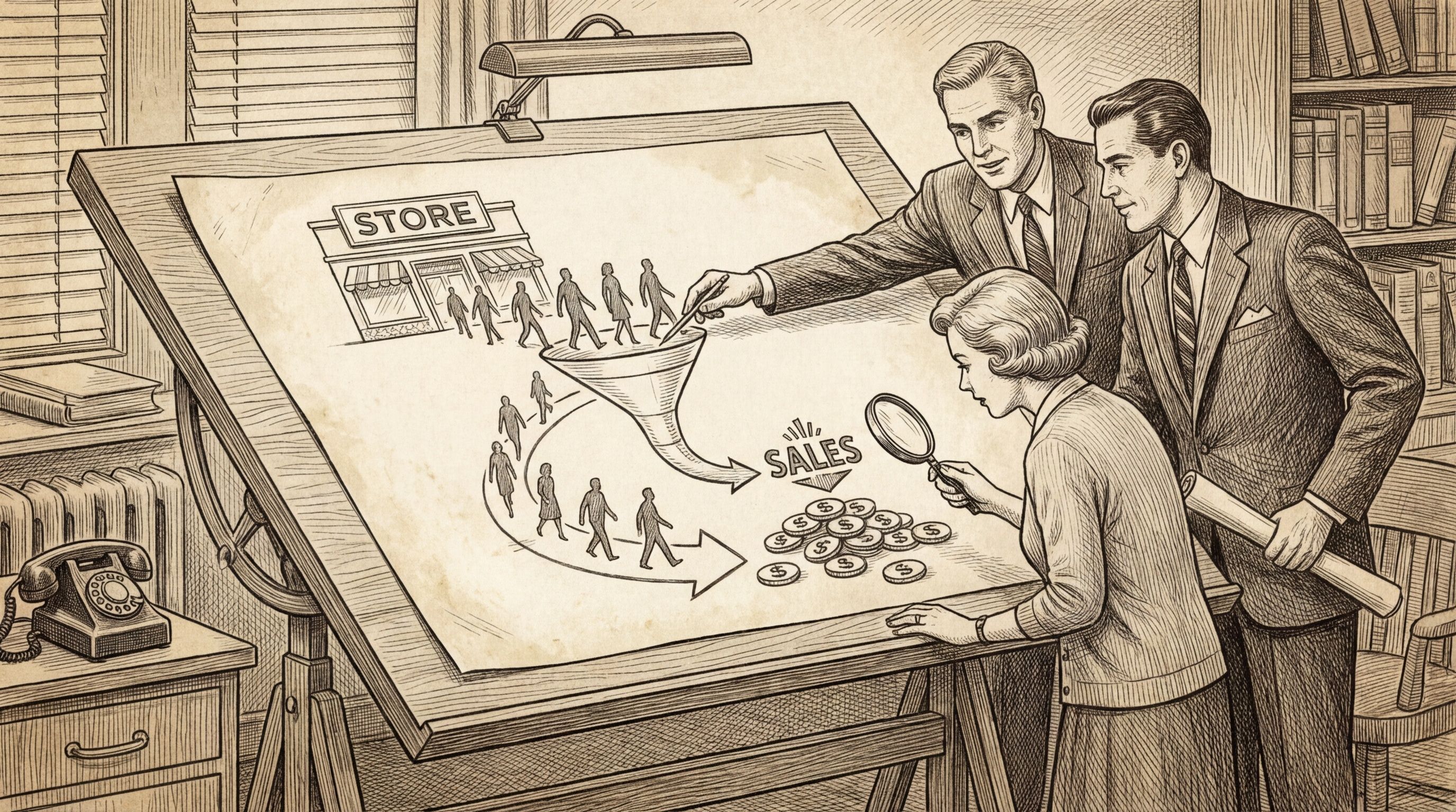 Three business professionals analyze a detailed diagram of a sales funnel and commercial strategy.