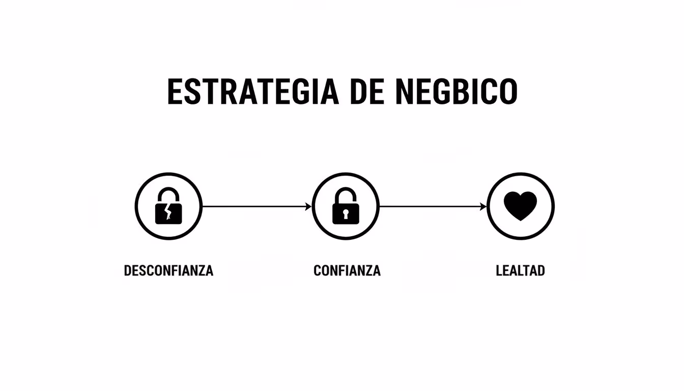 Diagrama que ilustra la estrategia para pasar de la desconfianza a la confianza y finalmente a la lealtad.