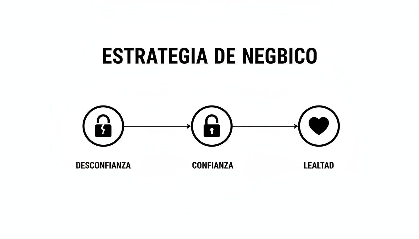 Diagrama que ilustra la estrategia para pasar de la desconfianza a la confianza y finalmente a la lealtad.