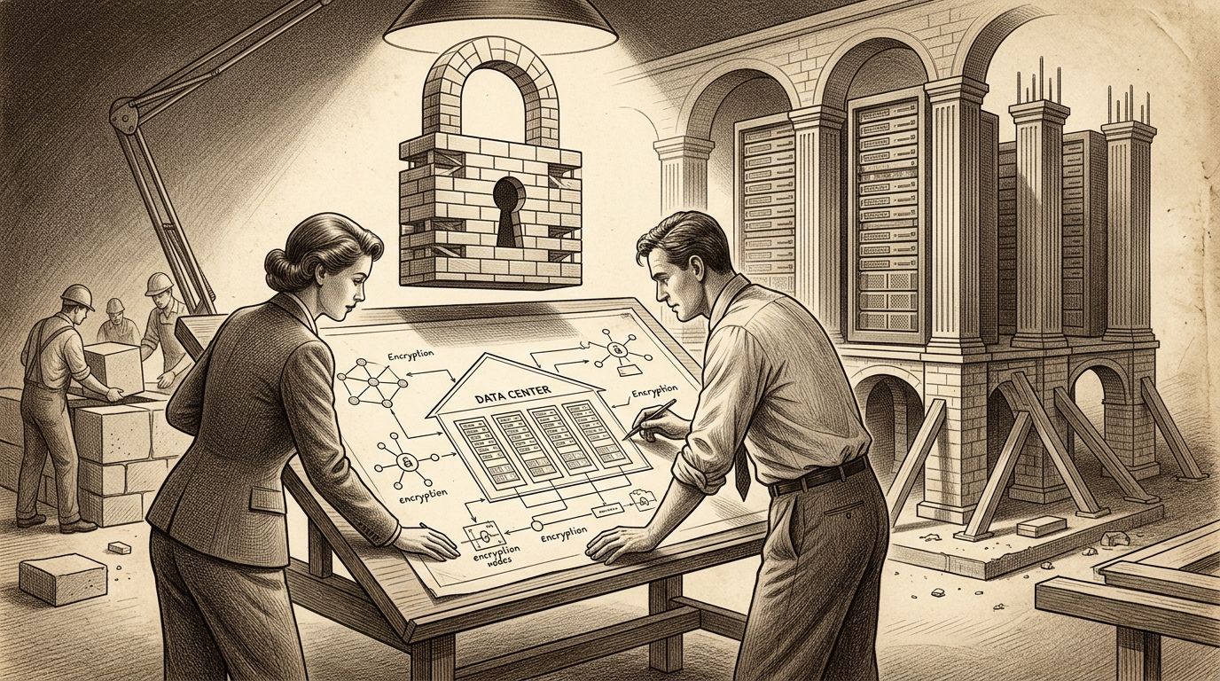Dos profesionales revisan planos de un centro de datos seguro con cifrado, mientras obreros construyen en el fondo, simbolizando protección.