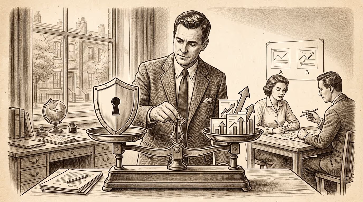 Un hombre en traje equilibra un escudo de seguridad y gráficos de crecimiento en una balanza, con personas trabajando.