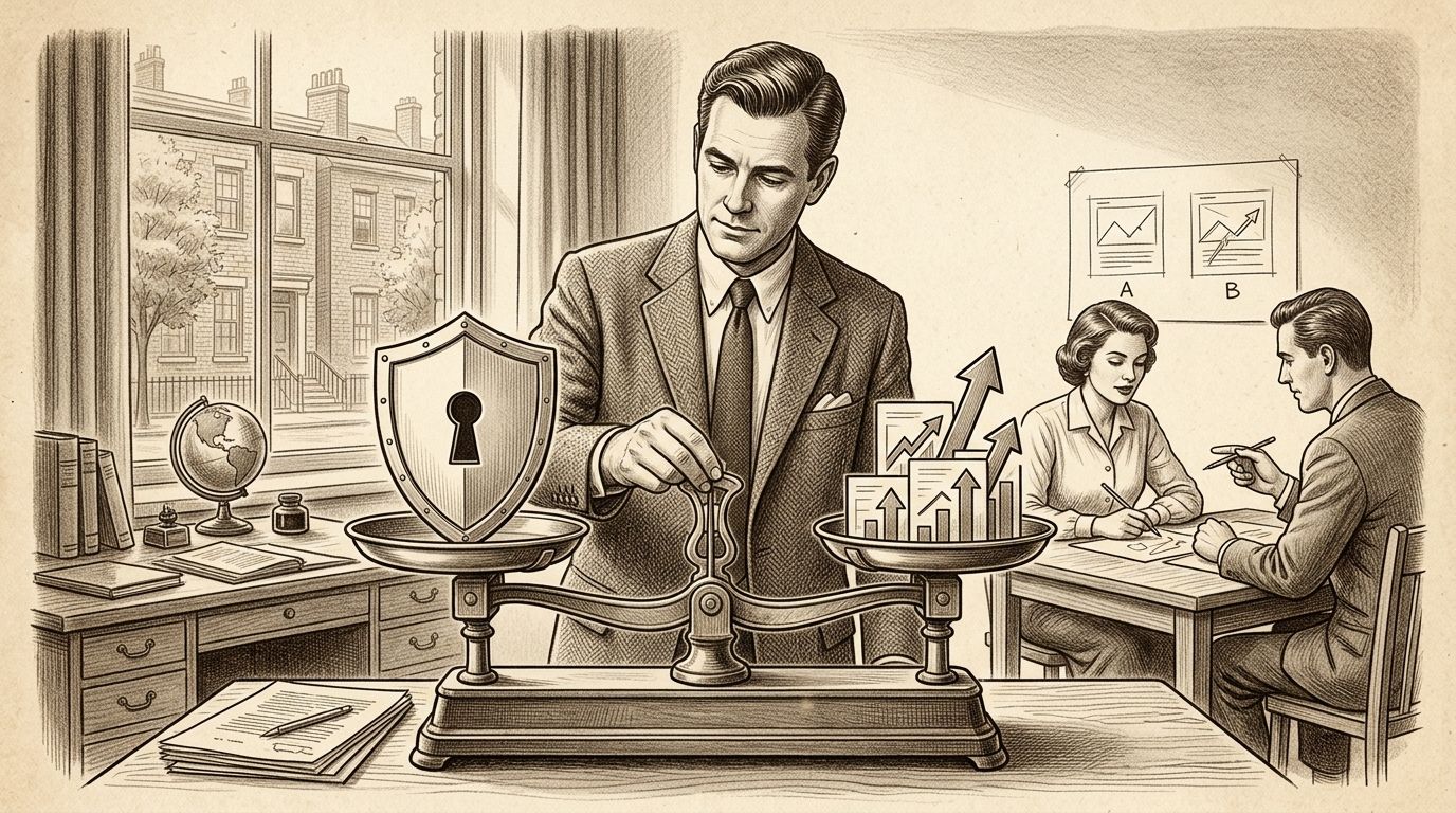 Un hombre en traje equilibra un escudo de seguridad y gráficos de crecimiento en una balanza, con personas trabajando.