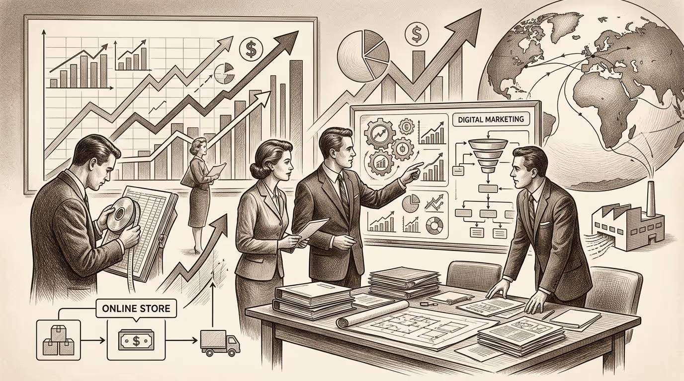 Profesionales de negocios analizando gráficos de crecimiento, marketing digital y operaciones globales en una reunión.