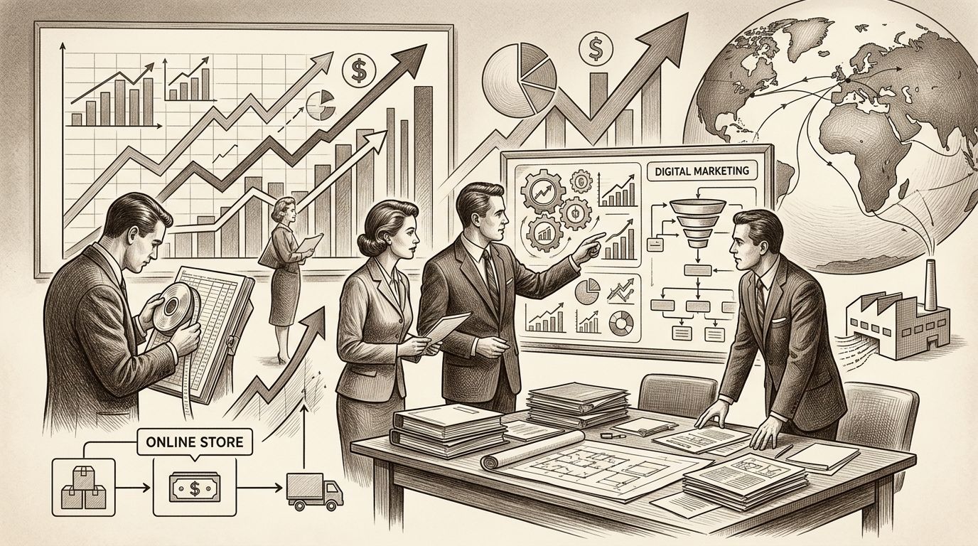 Profesionales de negocios analizando gráficos de crecimiento, marketing digital y operaciones globales en una reunión.