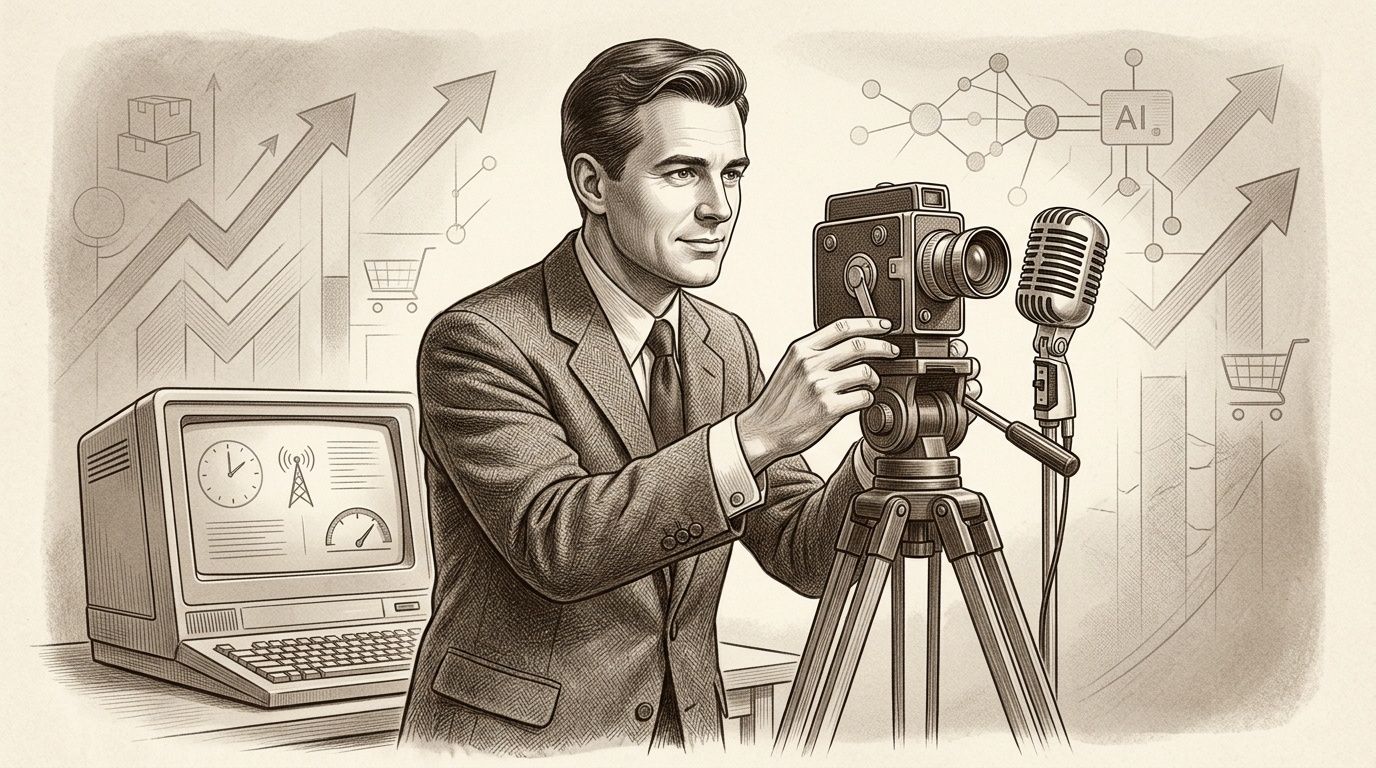 Hombre enfocado ajusta cámara antigua con micrófono, rodeado de gráficos de negocios y tecnología.