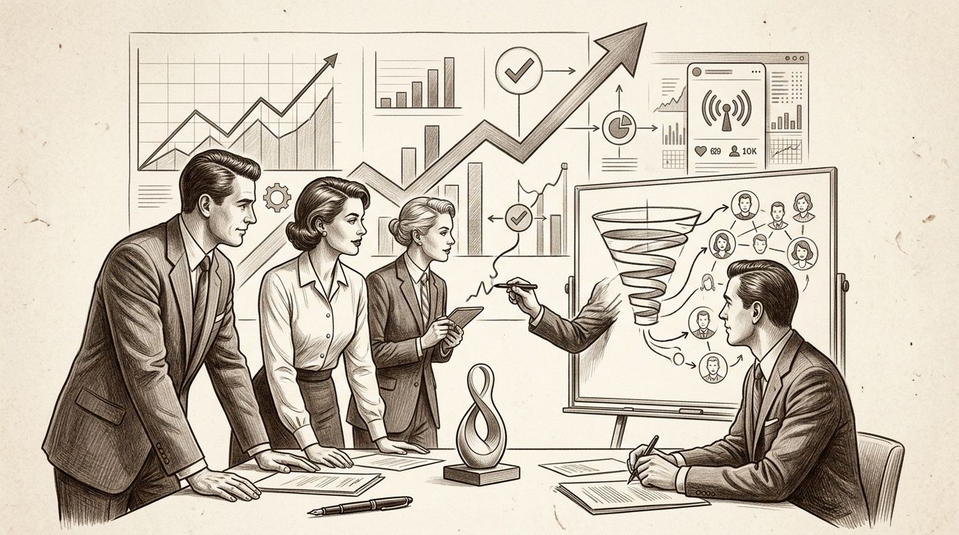 Un grupo de profesionales analiza estrategias de negocio, marketing y crecimiento en una reunión.