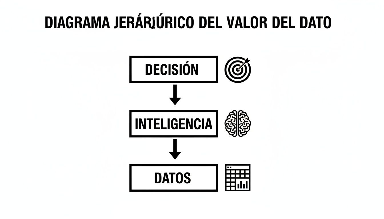 Diagrama jerárquico que ilustra el valor del dato, mostrando la relación entre decisión, inteligencia y datos.