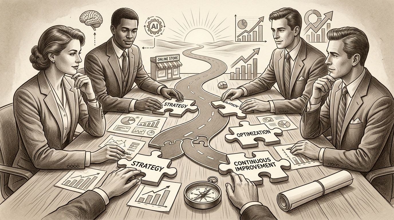 Equipo empresarial diverso planificando estrategia y optimización para el crecimiento de tienda online, con gráficos y rompecabezas.