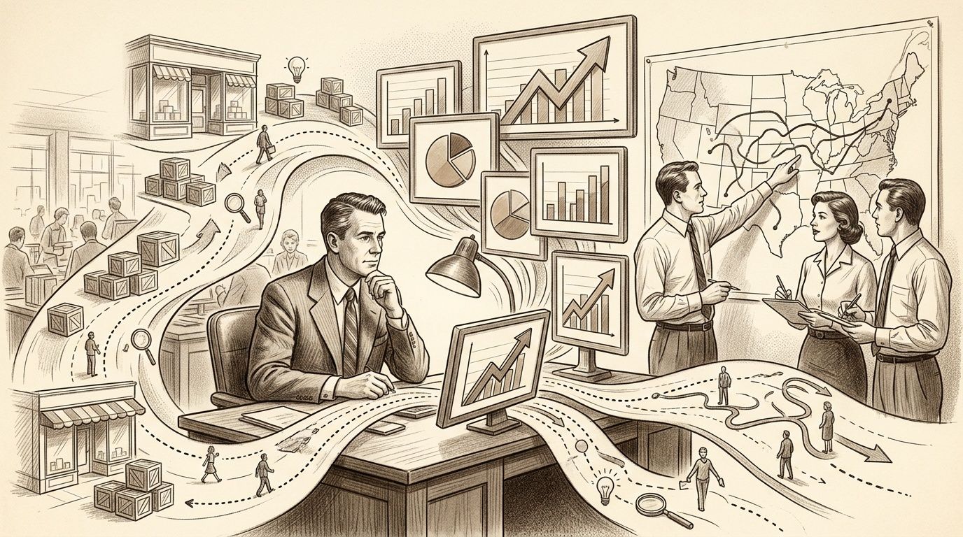 Ilustración detallada de estrategia empresarial, análisis de datos, logística y cadena de suministro.