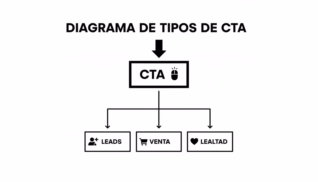 Diagrama explicando los tipos de CTA, incluyendo leads, ventas y lealtad, con íconos representativos.