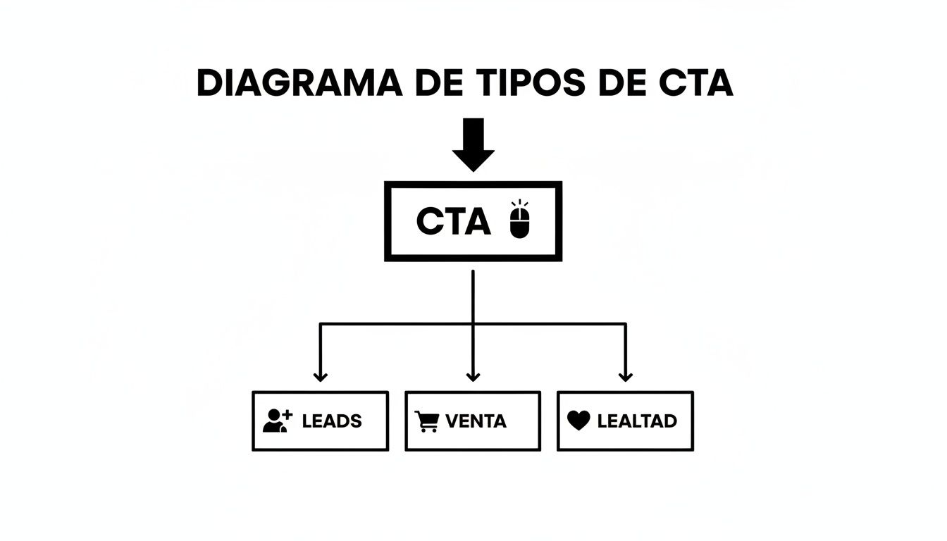 Diagram explaining the types of CTA, including leads, sales, and loyalty, with representative icons.
