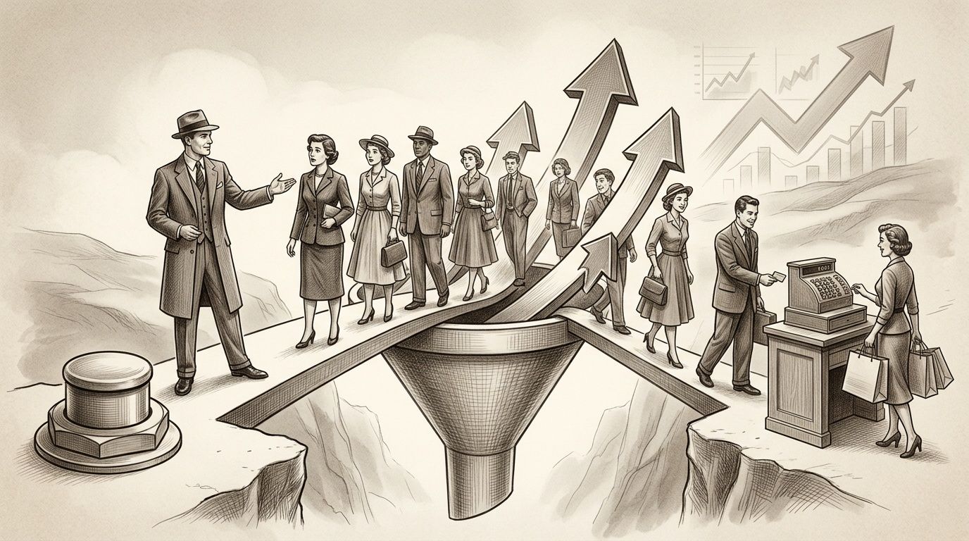 Vintage illustration of businesspeople moving through a sales funnel toward growth.