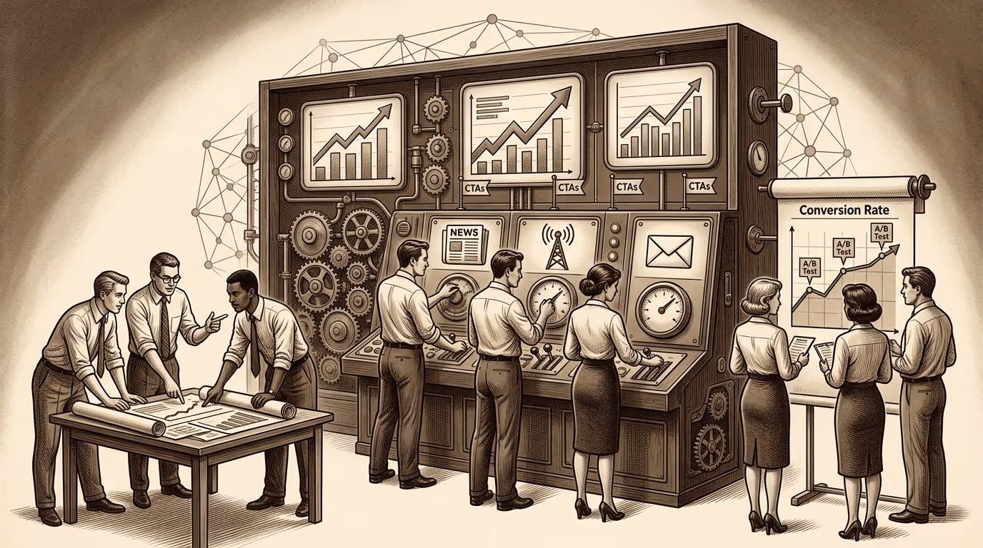 Un equipo de profesionales colabora analizando datos de conversión y rendimiento con una máquina de marketing digital.