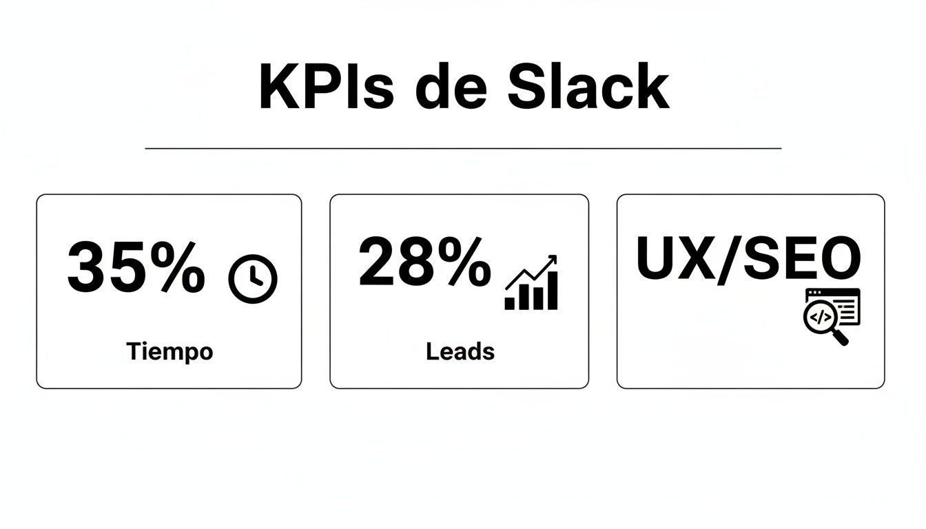 Muestra de los KPIs de Slack: 35% de tiempo, 28% de leads y métricas de UX/SEO.