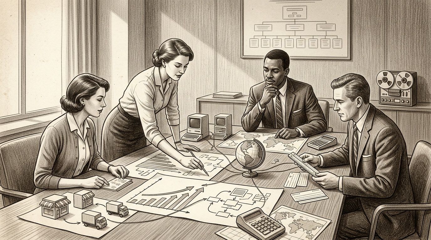 Cuatro profesionales colaboran en una reunión de negocios con gráficos, mapas y equipos de oficina retro.