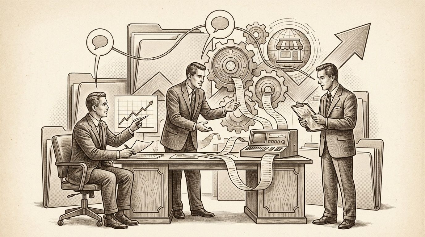 Tres hombres de negocios colaboran, analizando gráficos de crecimiento, datos financieros y procesos empresariales.