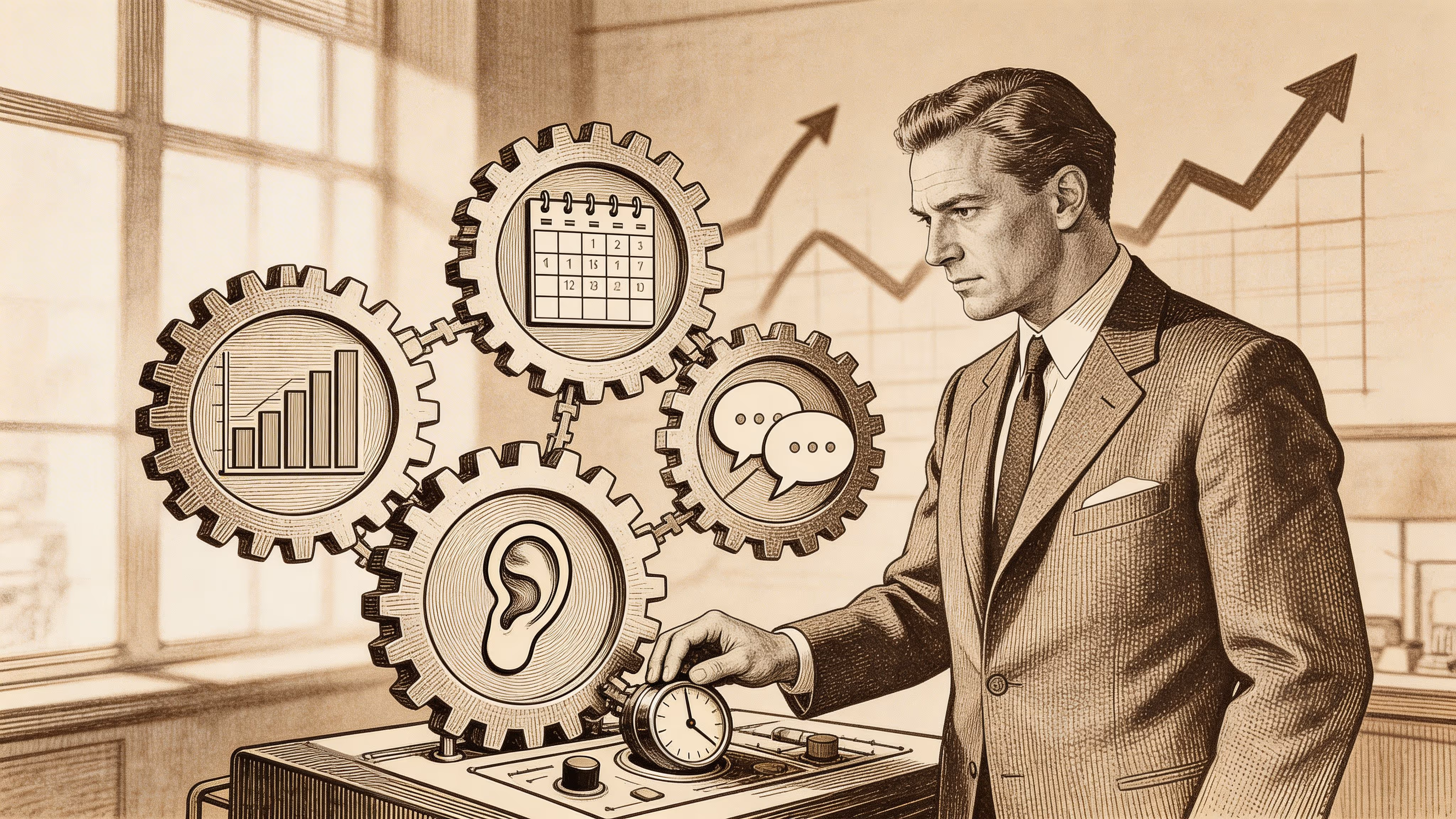 Un hombre de negocios ajusta un panel de control con engranajes que representan comunicación, tiempo y métricas.